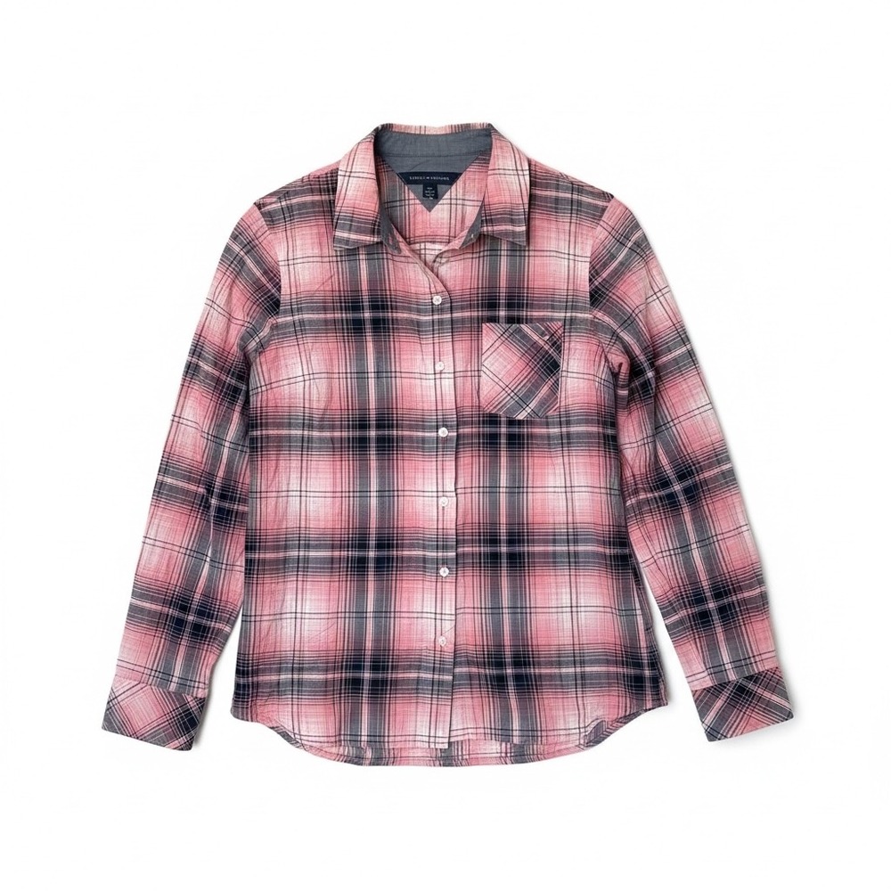 Tommy Hilfiger‎ Women Pink Navy Plaid Button Down Shirt Small Casual Lightweight